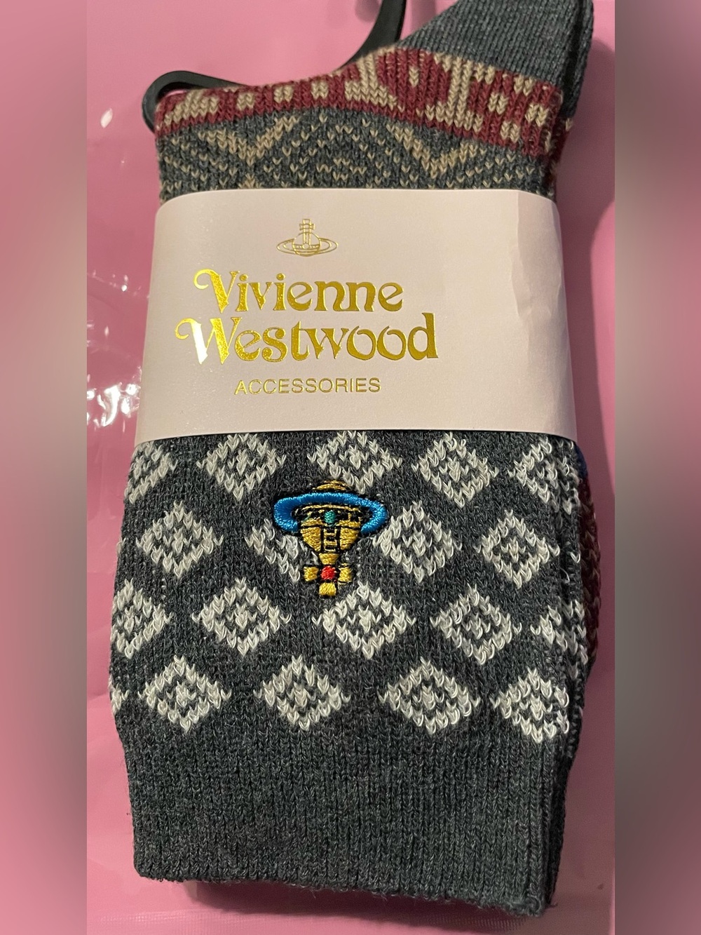Vivienne Westwood Maroon, Blue and Cream Patterned Crew Socks